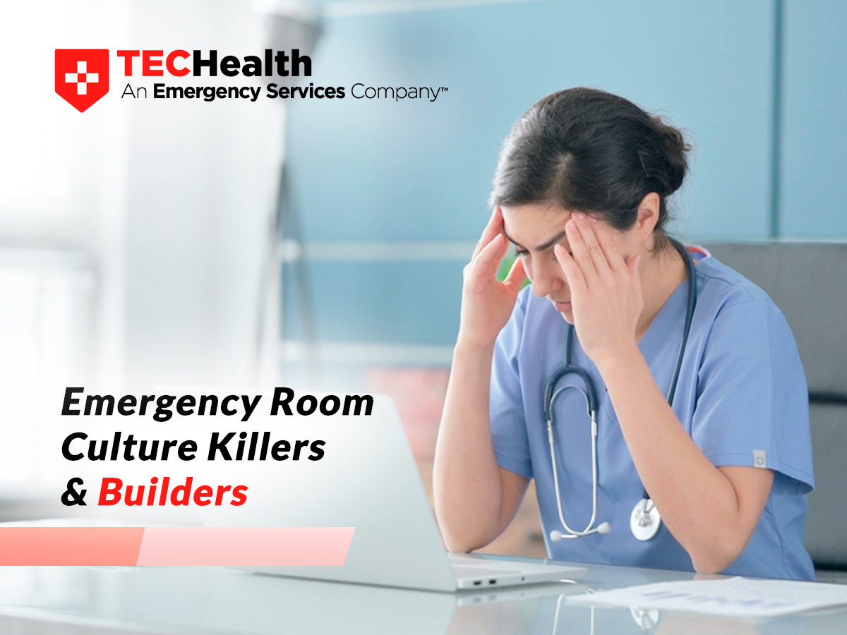 A medical professional in scrubs appears stressed while looking at a laptop screen, with the logo of TECHHealth, an Emergency Services Company, displayed in the corner, suggesting a setting related to Emergency Room work