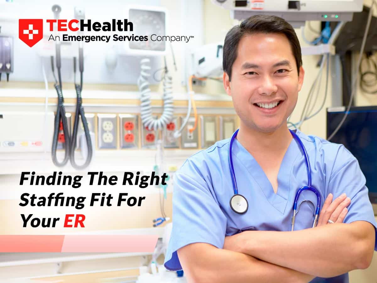 Smiling medical professional in blue scrubs standing in an emergency room with the text 'TECHealth - An Emergency Services Company. Finding The Right Staffing Fit For Your ER